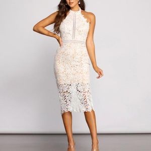 High Neck Scalloped Lace Midi Dress